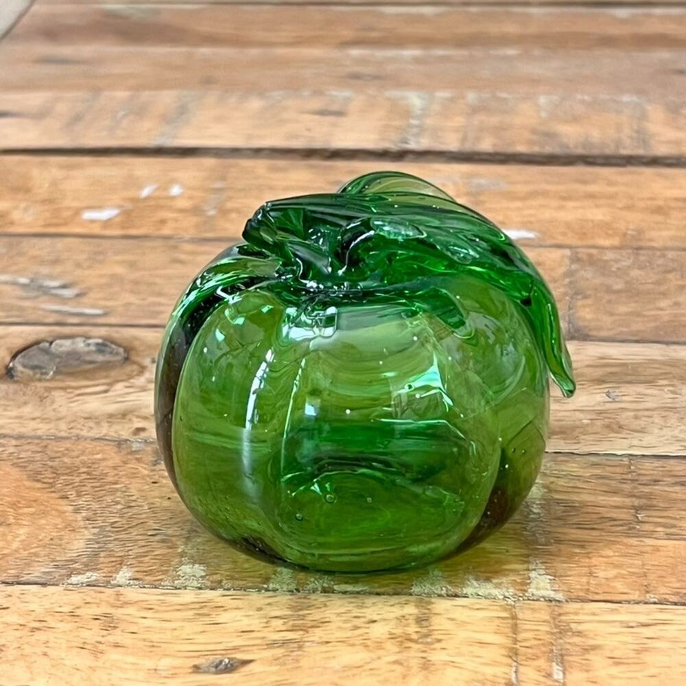 Light Green Hand Blown Apple With Leaf Paperweight Art Glass